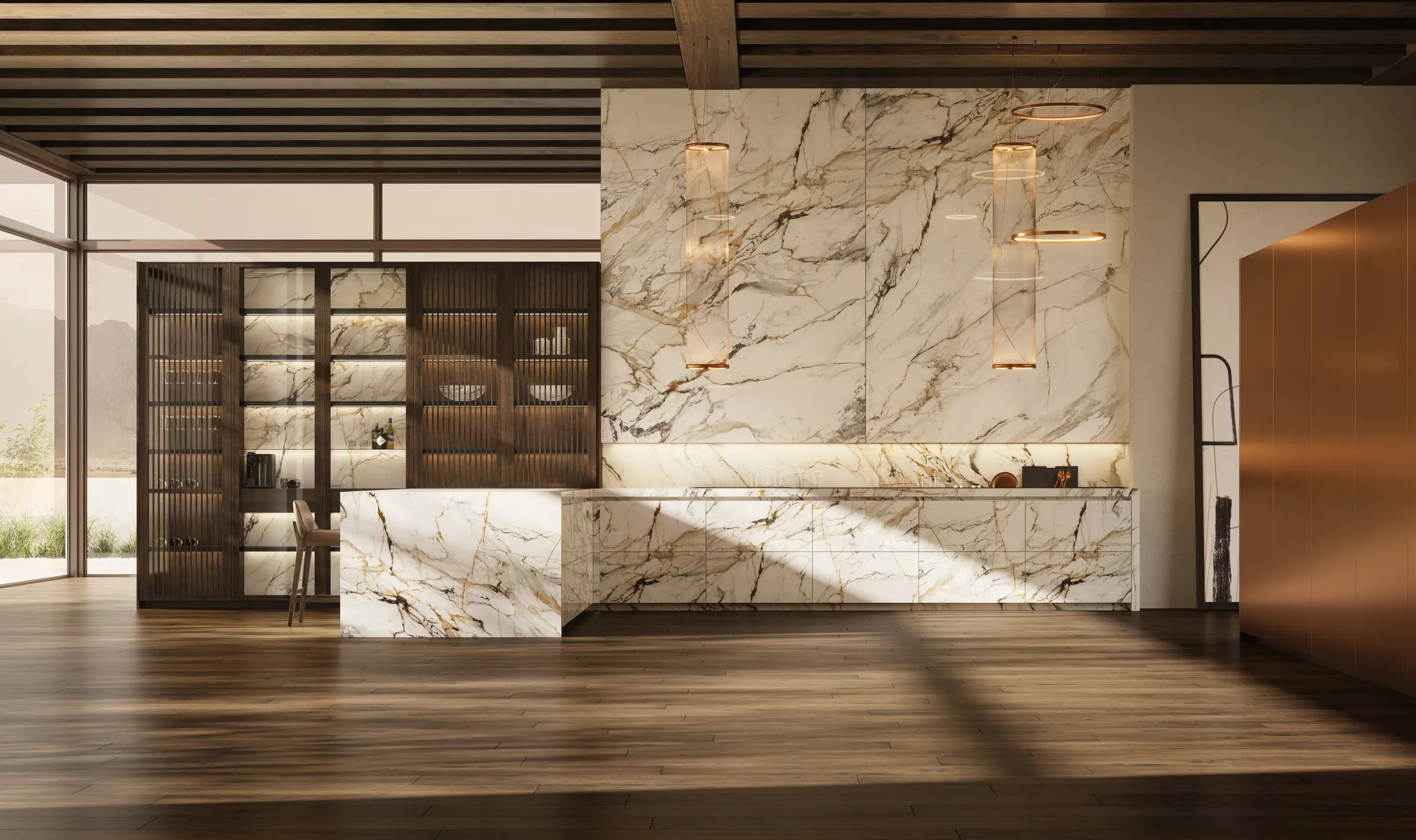 DOCA Tresille kitchen with a veined stone island and fluted wood glass cabinets