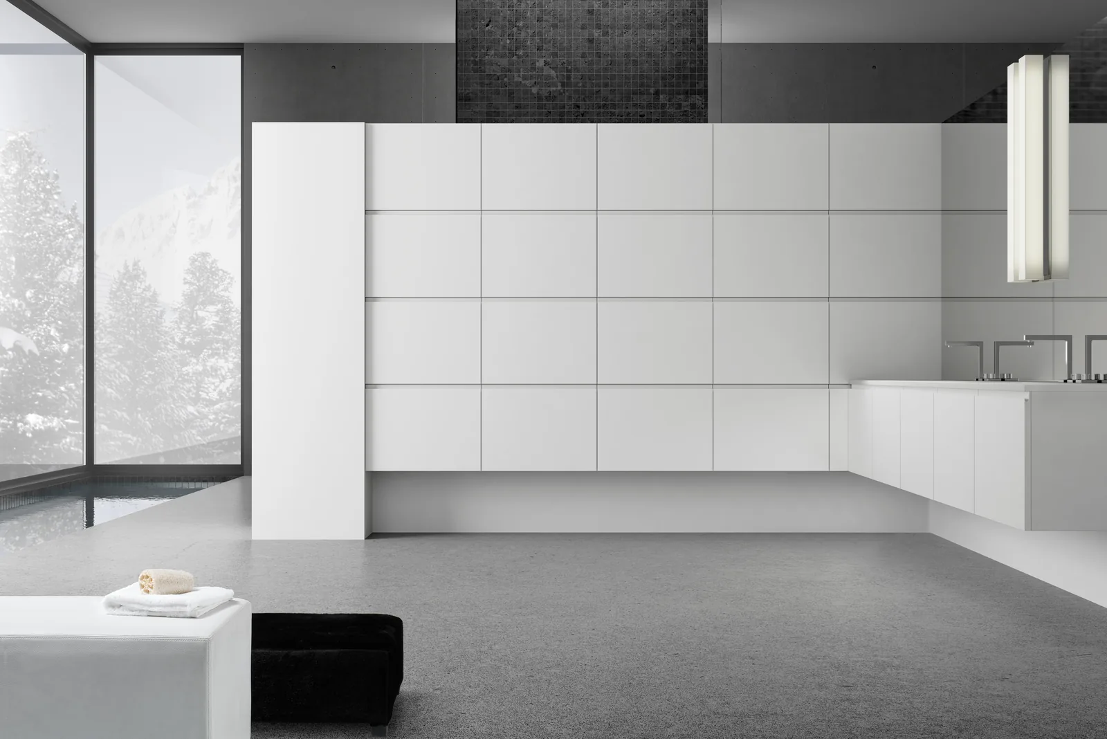DOCA Bunotte bathroom with white textured cabinets and a floating vanity