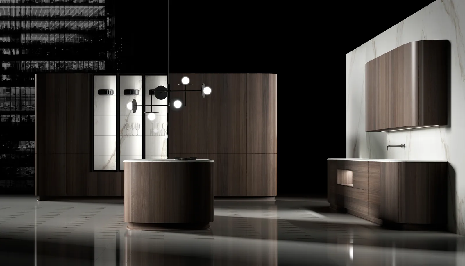 DOCA Curva Nogal kitchen with curved wood cabinets and a round island