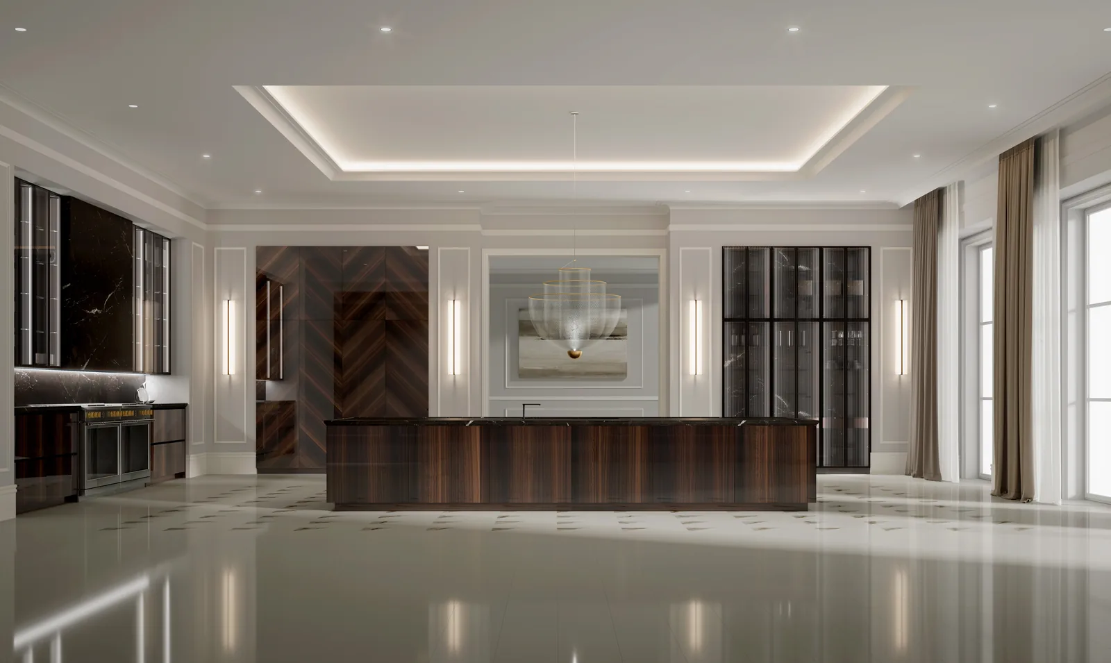 DOCA Eucaliptus Brillo kitchen with a long gloss wood island and glass cabinets