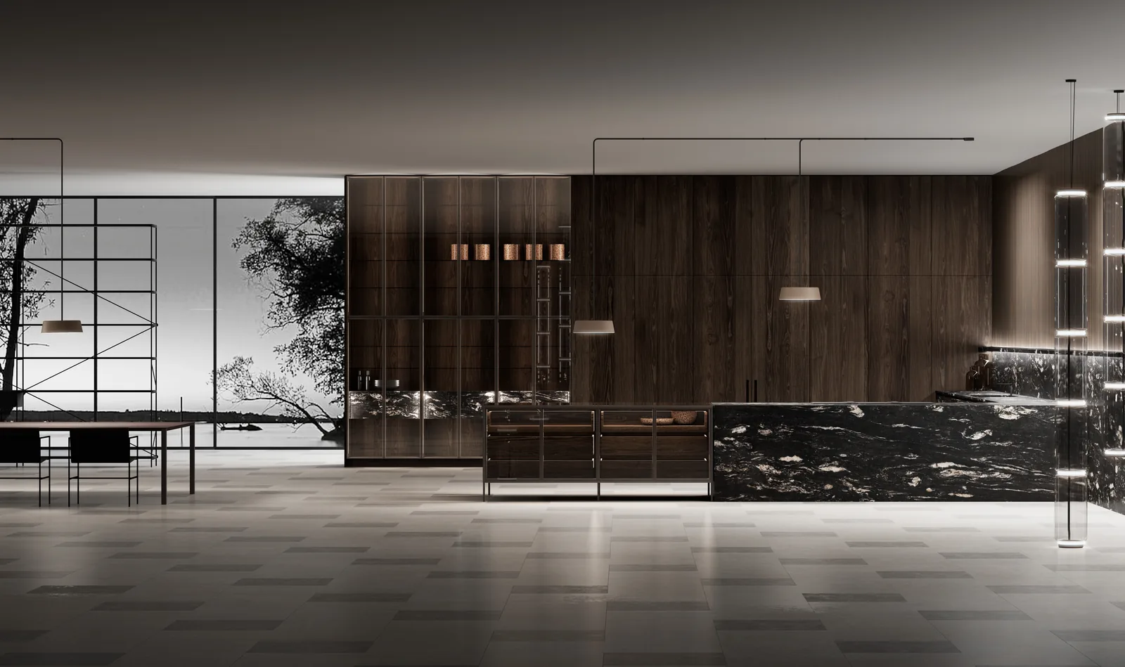 DOCA Fenice Acacia Old kitchen with dark wood cabinets and a stone island