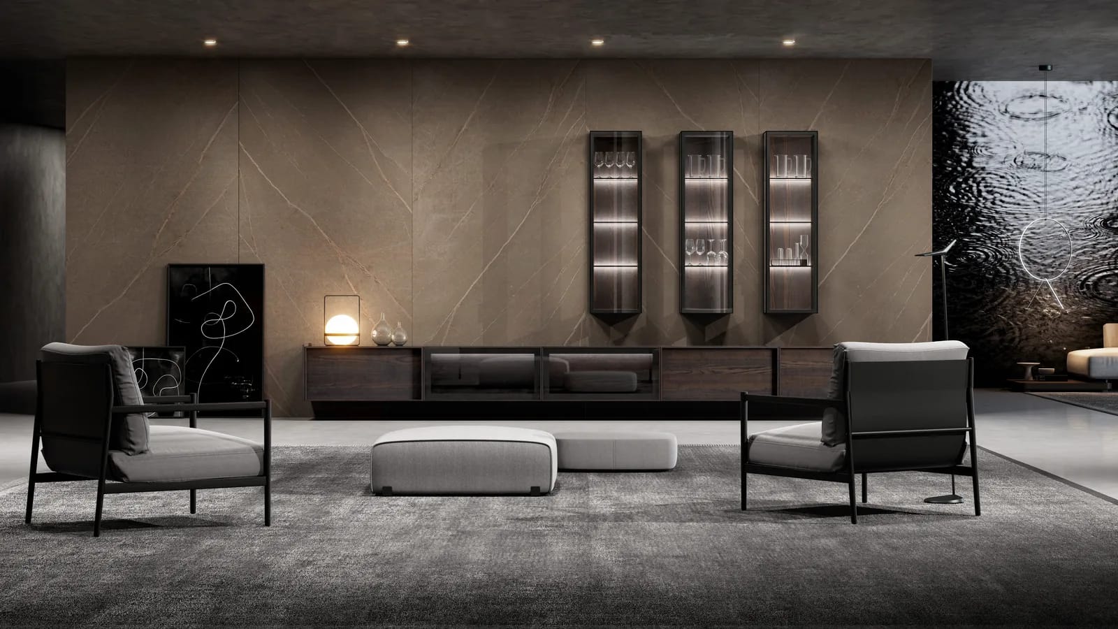 DOCA Formentera living room with a low wood cabinet and lit glass wall cabinets