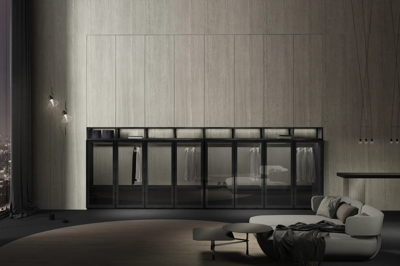 DOCA Luxury Stone Argentum wardrobe wall with glass-front hanging units
