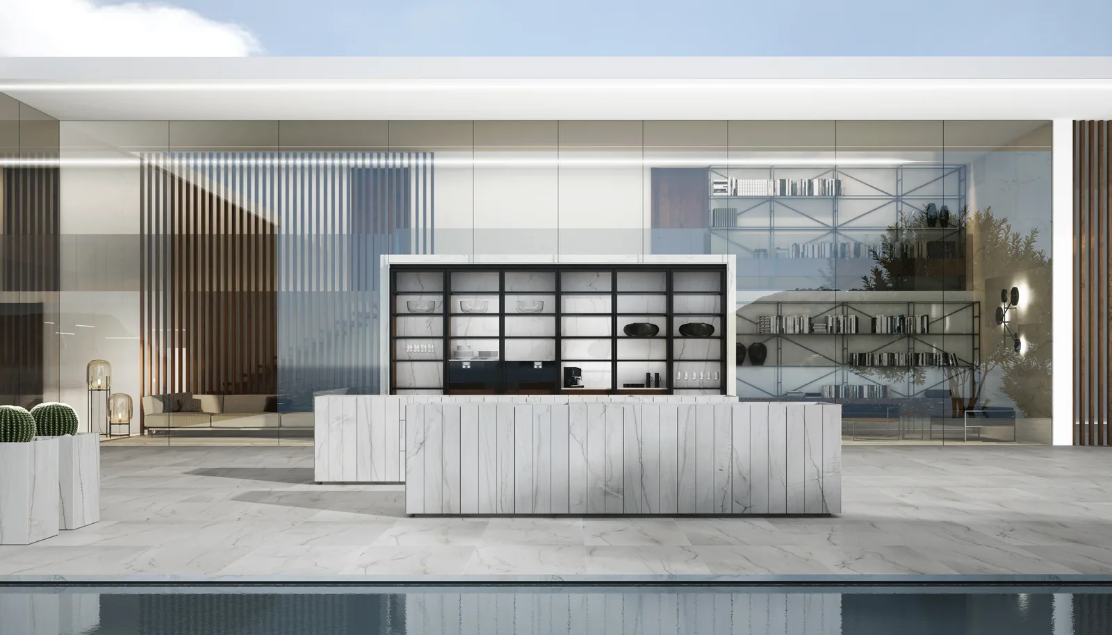 DOCA Outdoor kitchen with a stone island and glass cabinet beside a pool