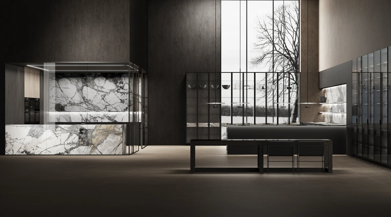DOCA Roble Liath kitchen with a glass-framed marble island and dark wood walls