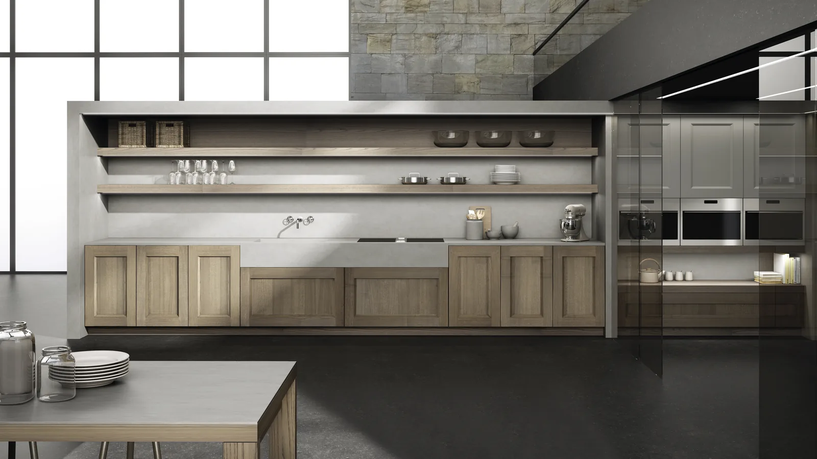 DOCA Timeless Roble Natural kitchen with light wood shaker cabinets and open shelves