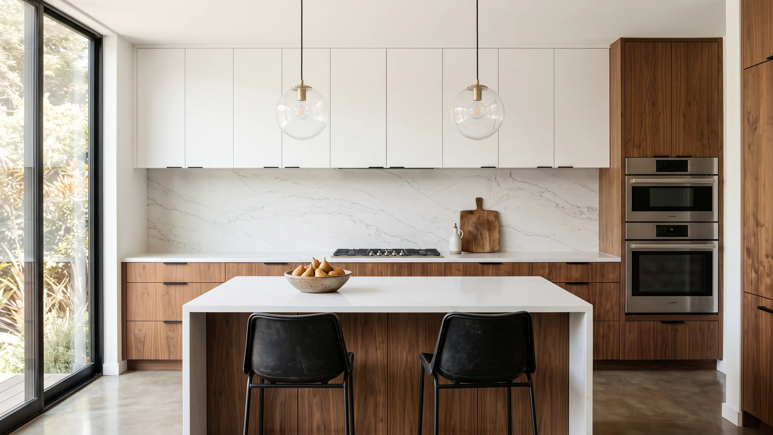 Contemporary kitchen with walnut base cabinets and white lacquer uppers