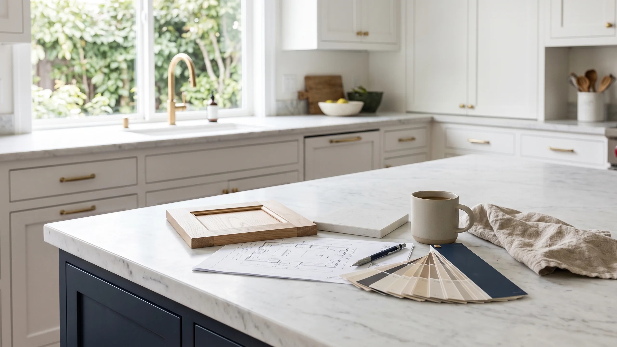 Kitchen floor plan, oak door sample and quartz sample on a marble island