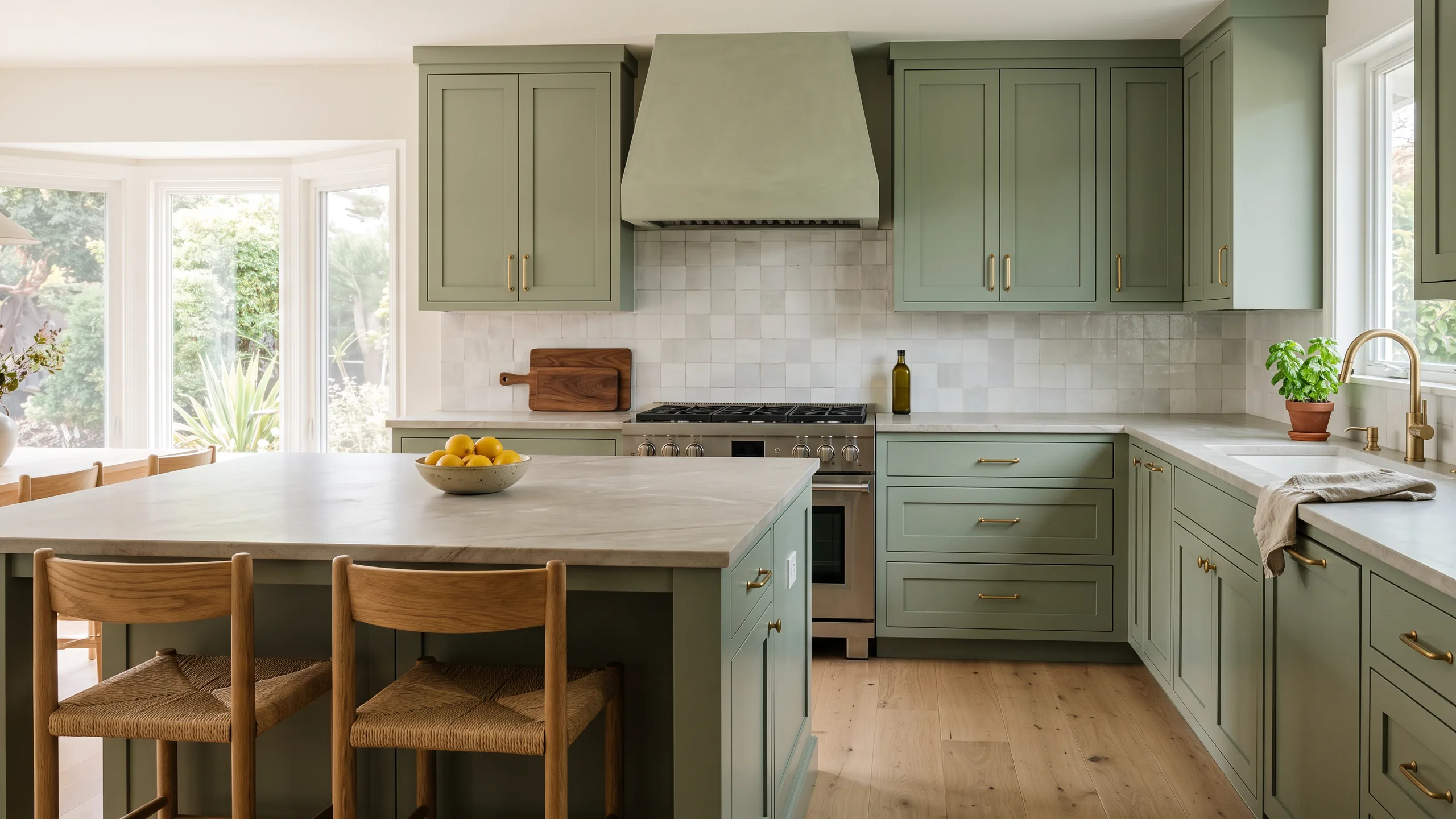 Sage green inset shaker kitchen with brass pulls and a quartzite island