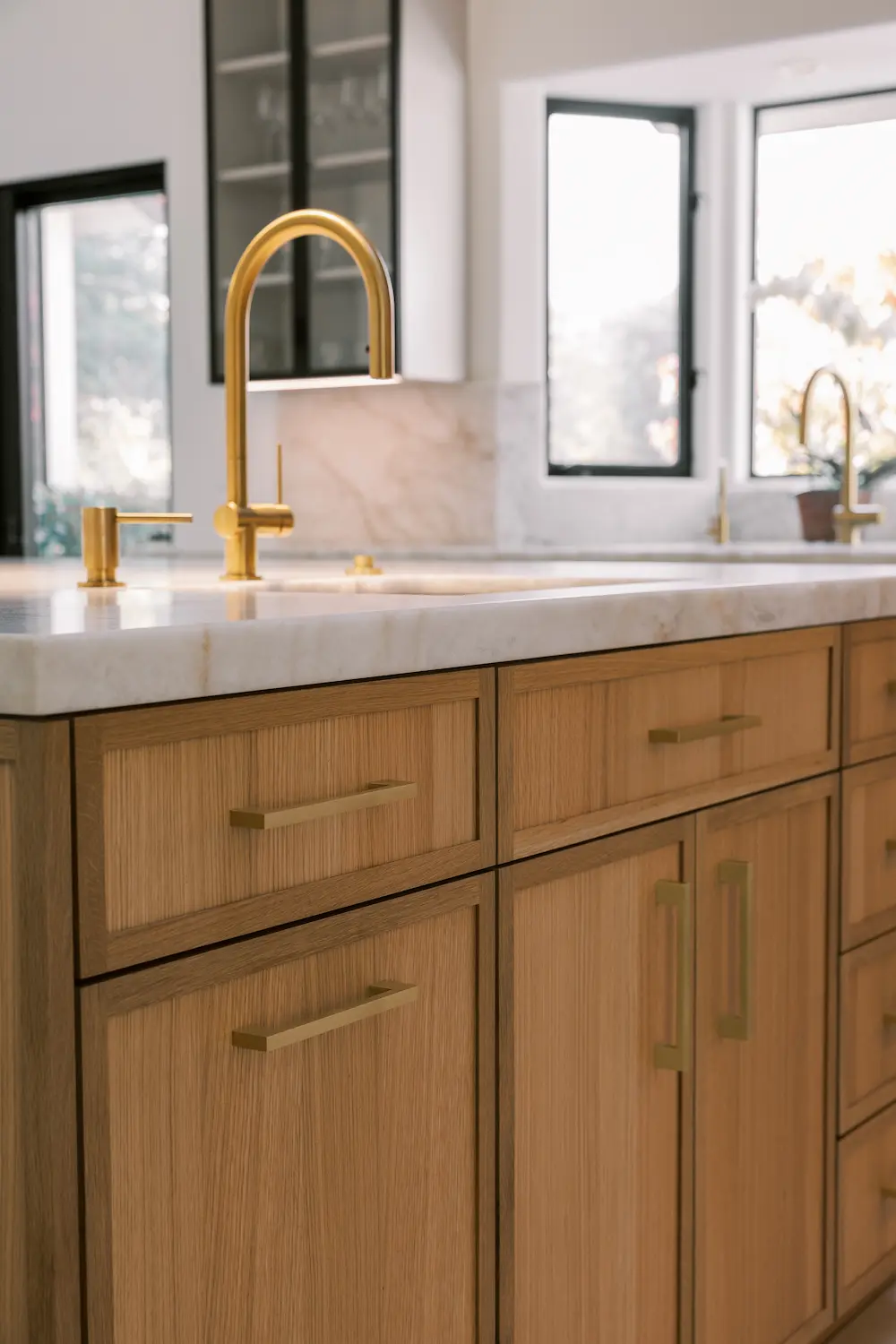 Oak island drawers with long brass pulls below a veined stone countertop
