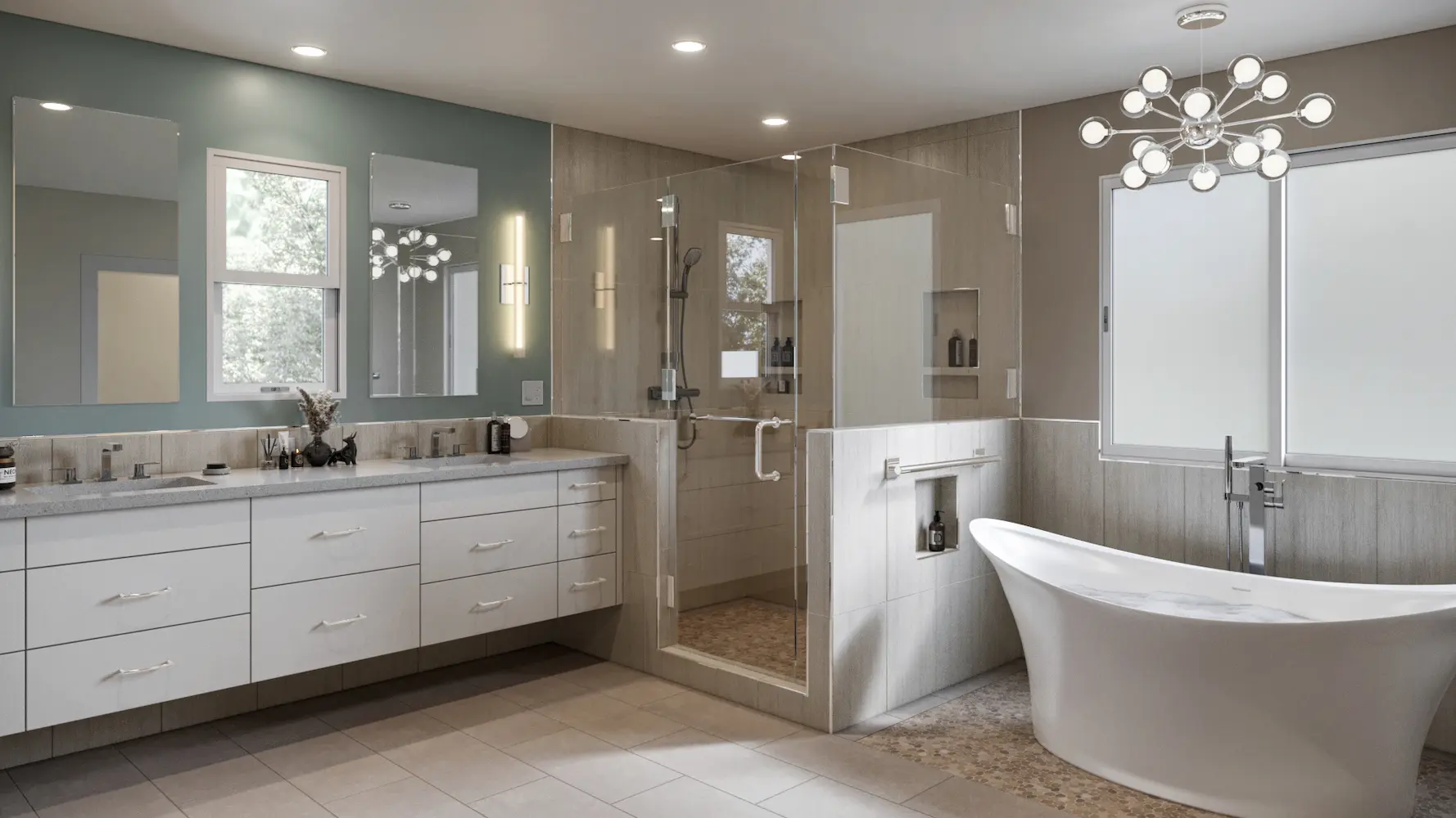 Luxurious bathroom featuring a large glass-enclosed shower, freestanding bathtub, and a double vanity with white cabinets, highlighted by contemporary lighting and natural tones