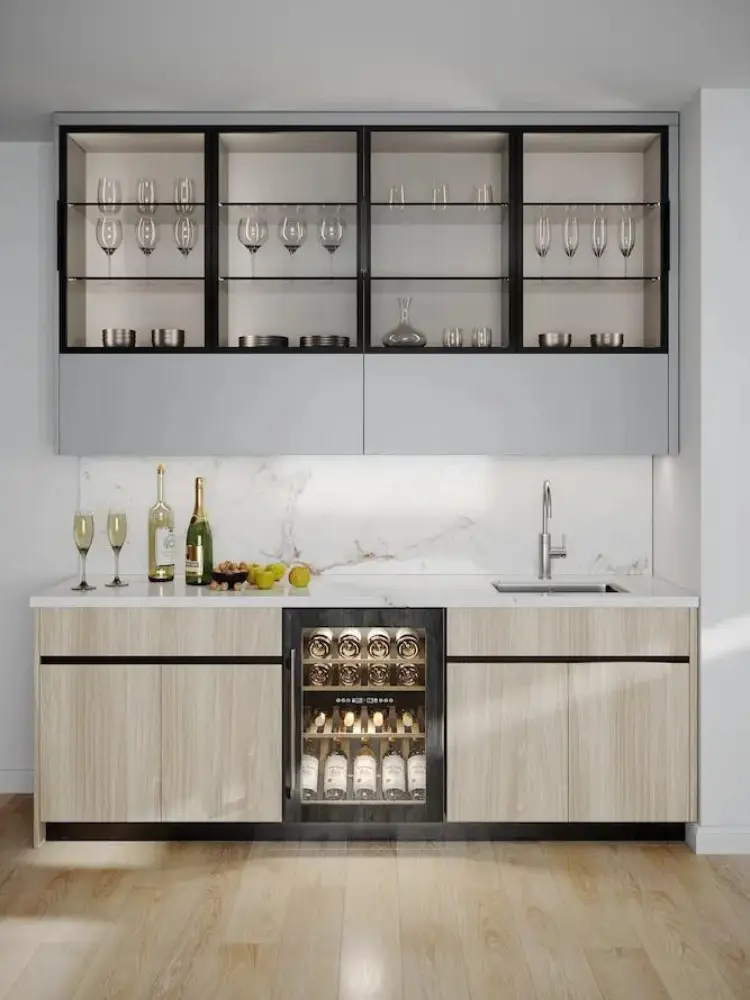 Modern kitchen with marble backsplash, large island, and pendant lighting