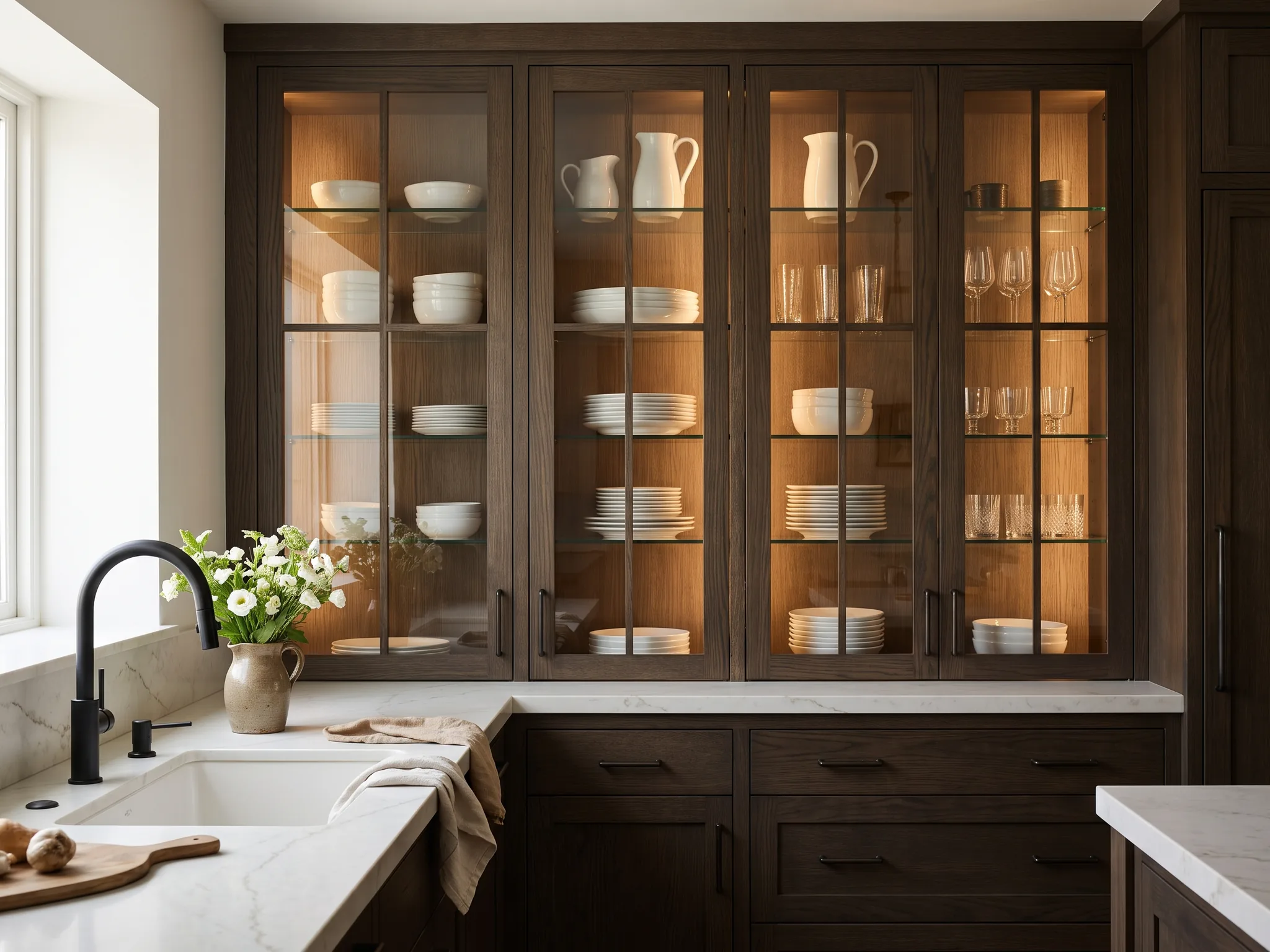 Dark oak cabinetry with lit glass-front display cabinets
