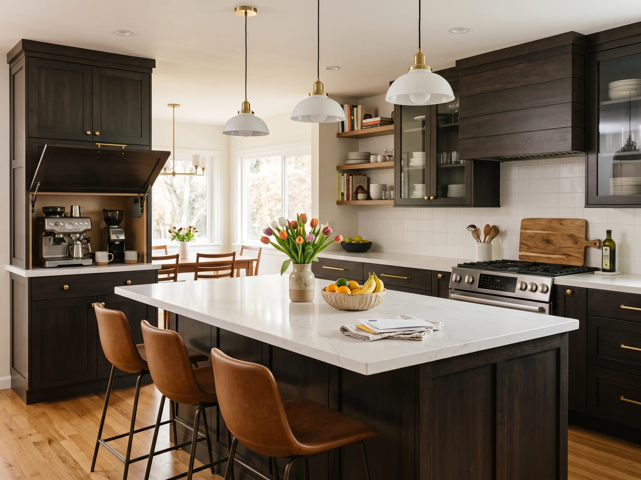 Espresso shaker kitchen with an open appliance garage and a white island