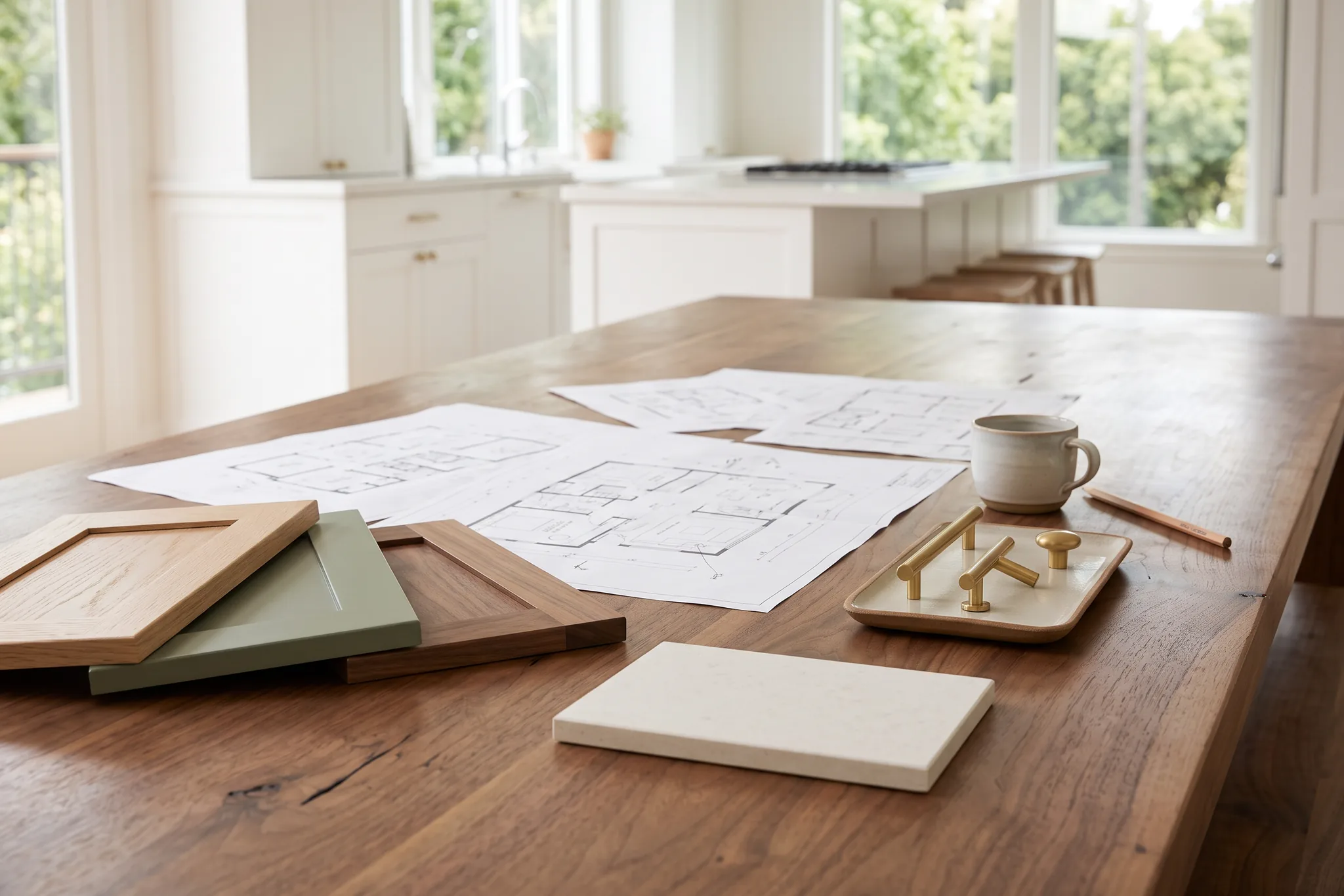 Floor plans, cabinet door samples and brass pulls on a consultation table