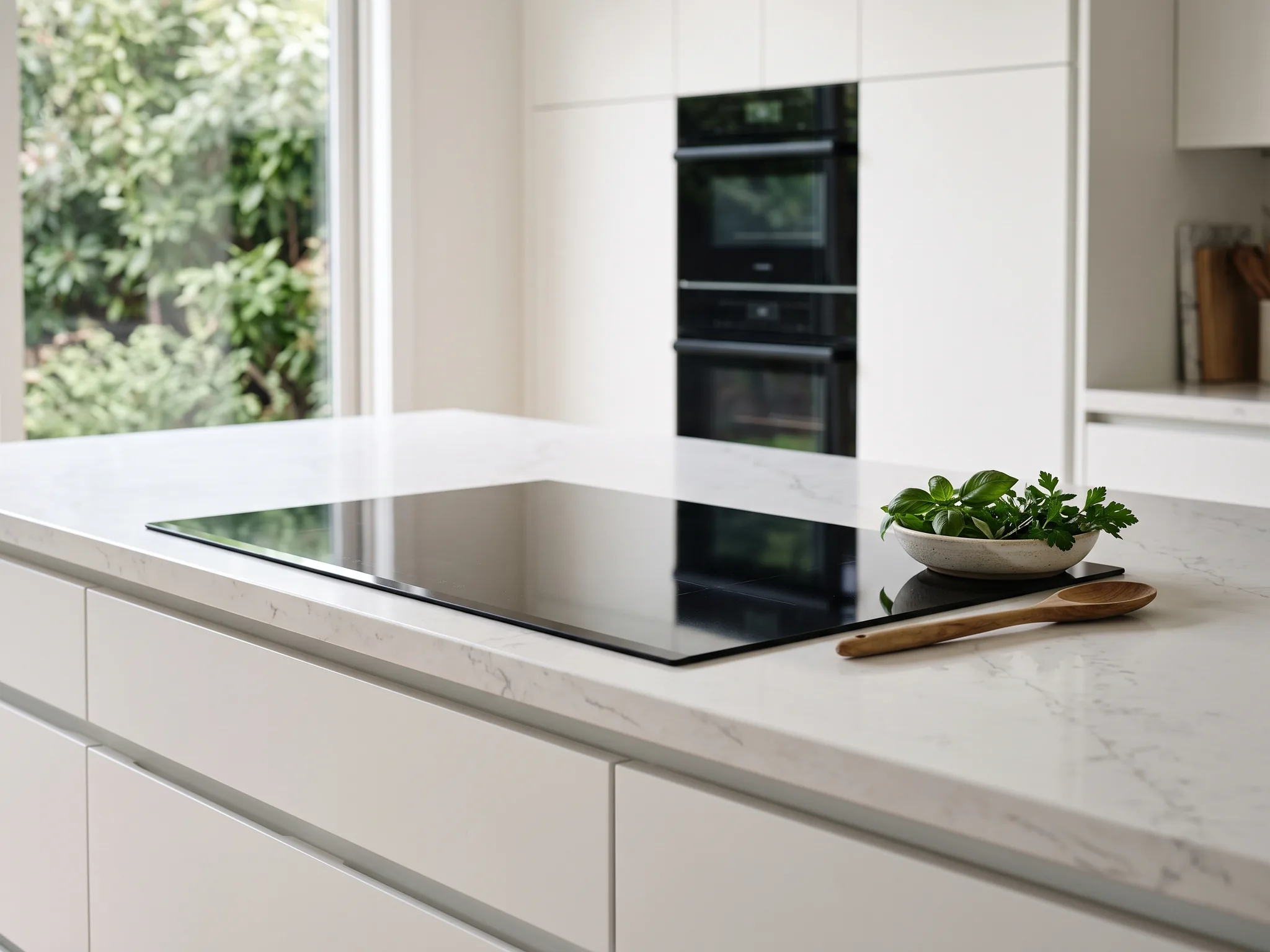 Flush induction cooktop in a veined quartz island with white drawers