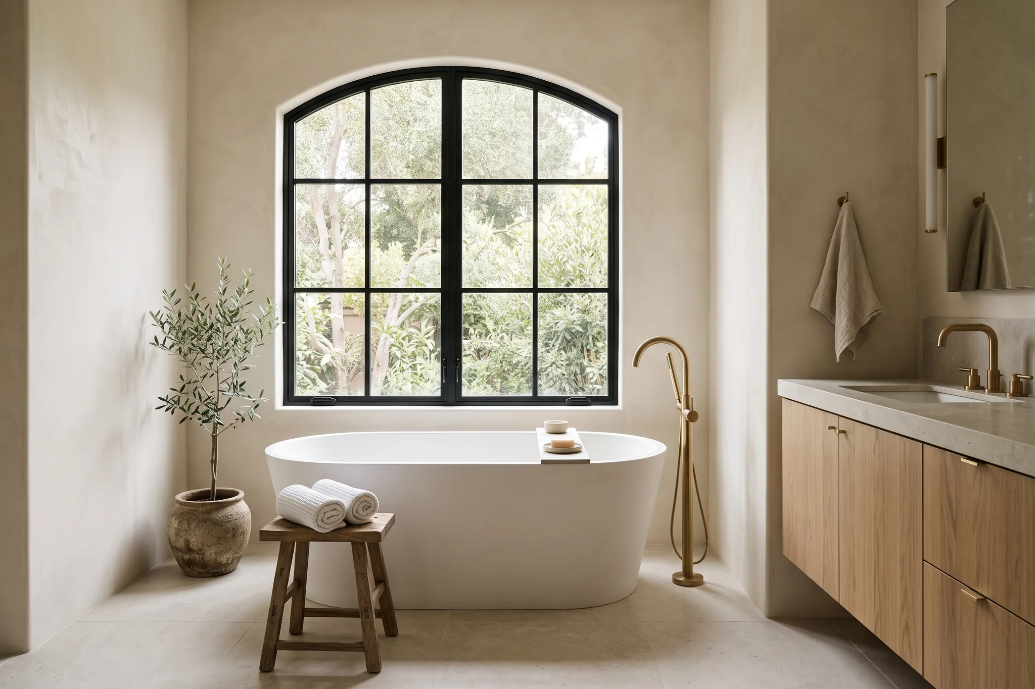 Freestanding tub under an arched window beside a floating oak vanity