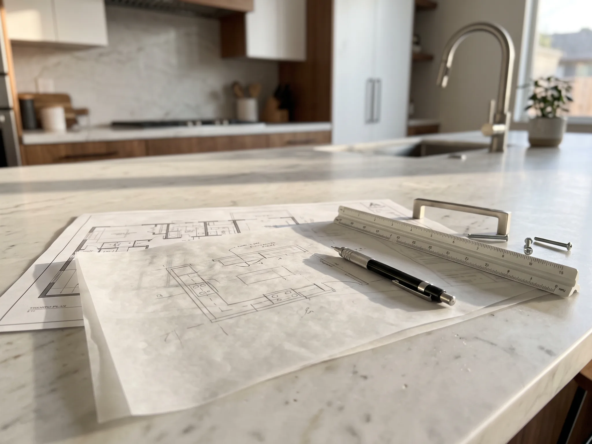 Kitchen floor plan with a scale ruler and pencil on a marble island