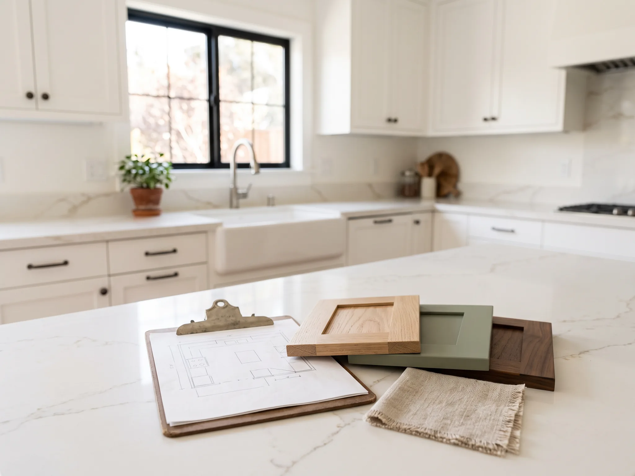 Kitchen layout sketch on a clipboard beside cabinet door samples