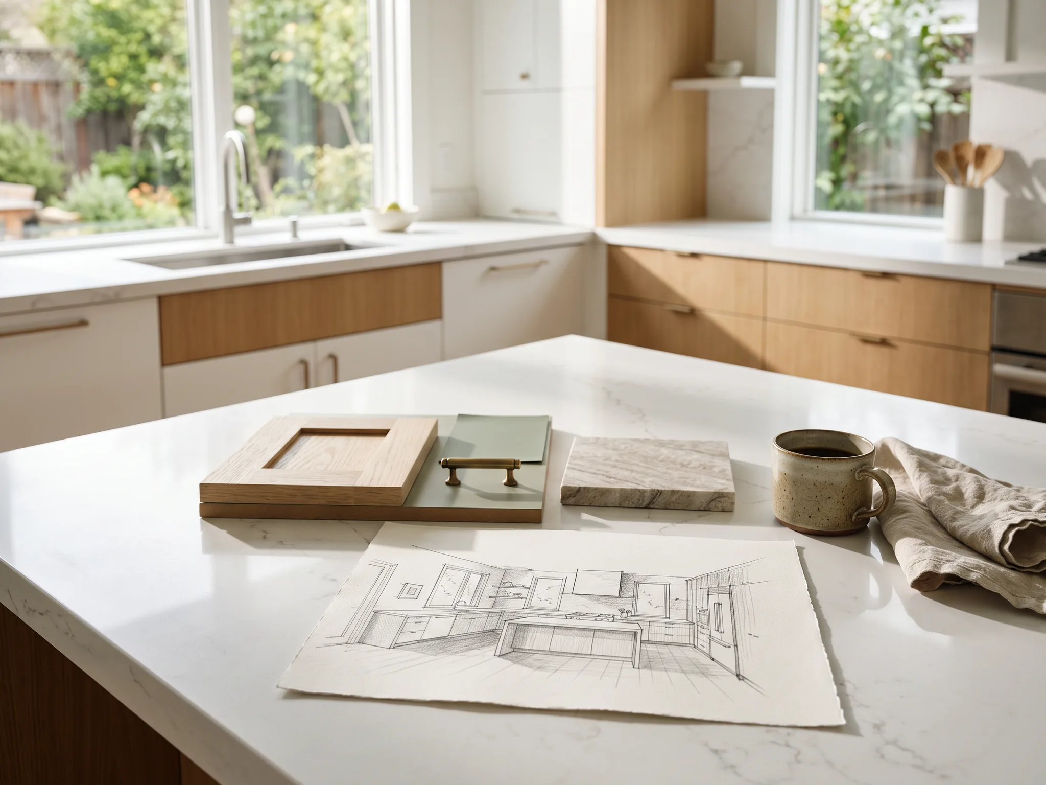 Kitchen perspective sketch and a finish sample board on a quartz island