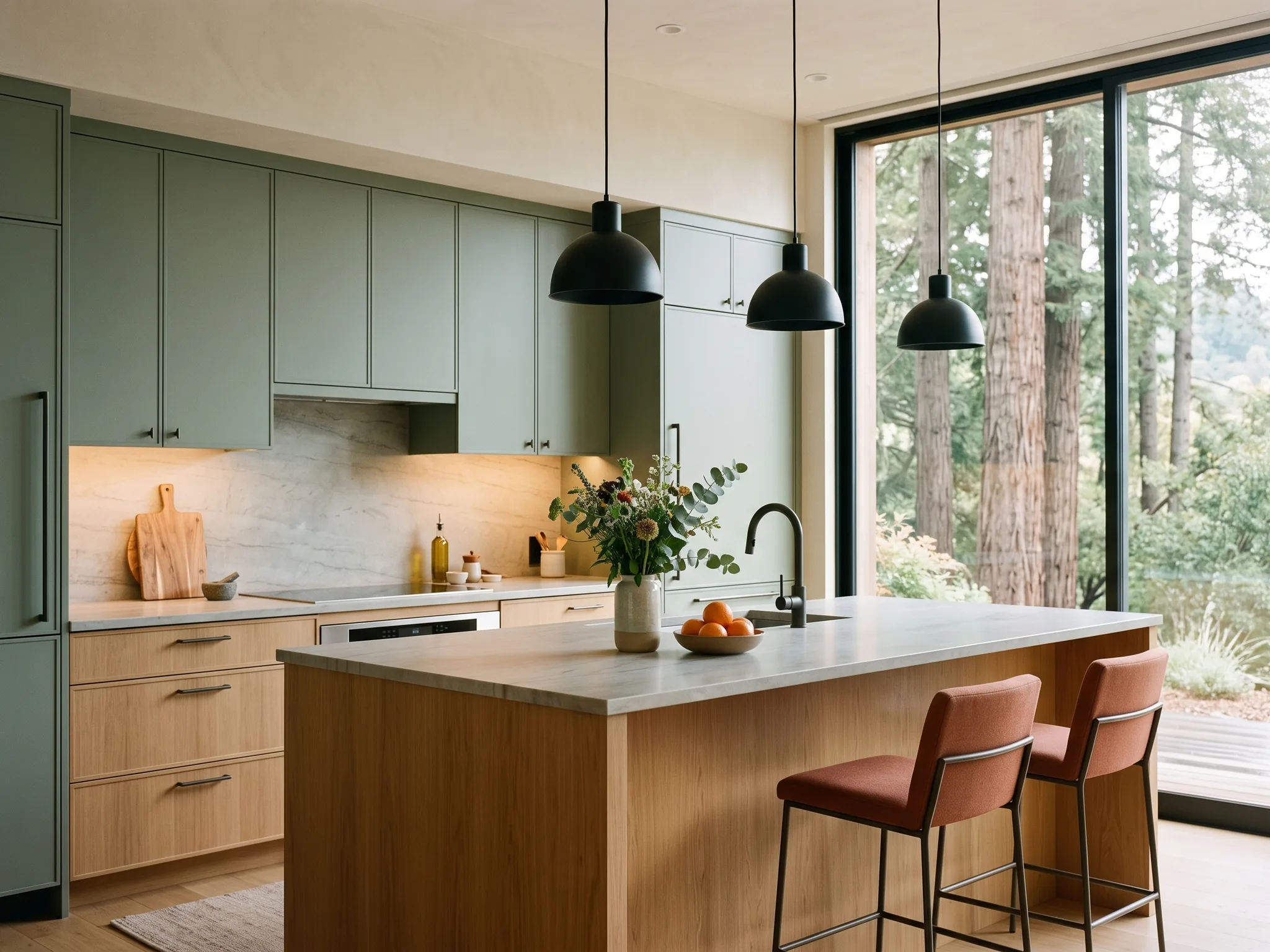 Two-tone kitchen with sage green uppers and a white oak island