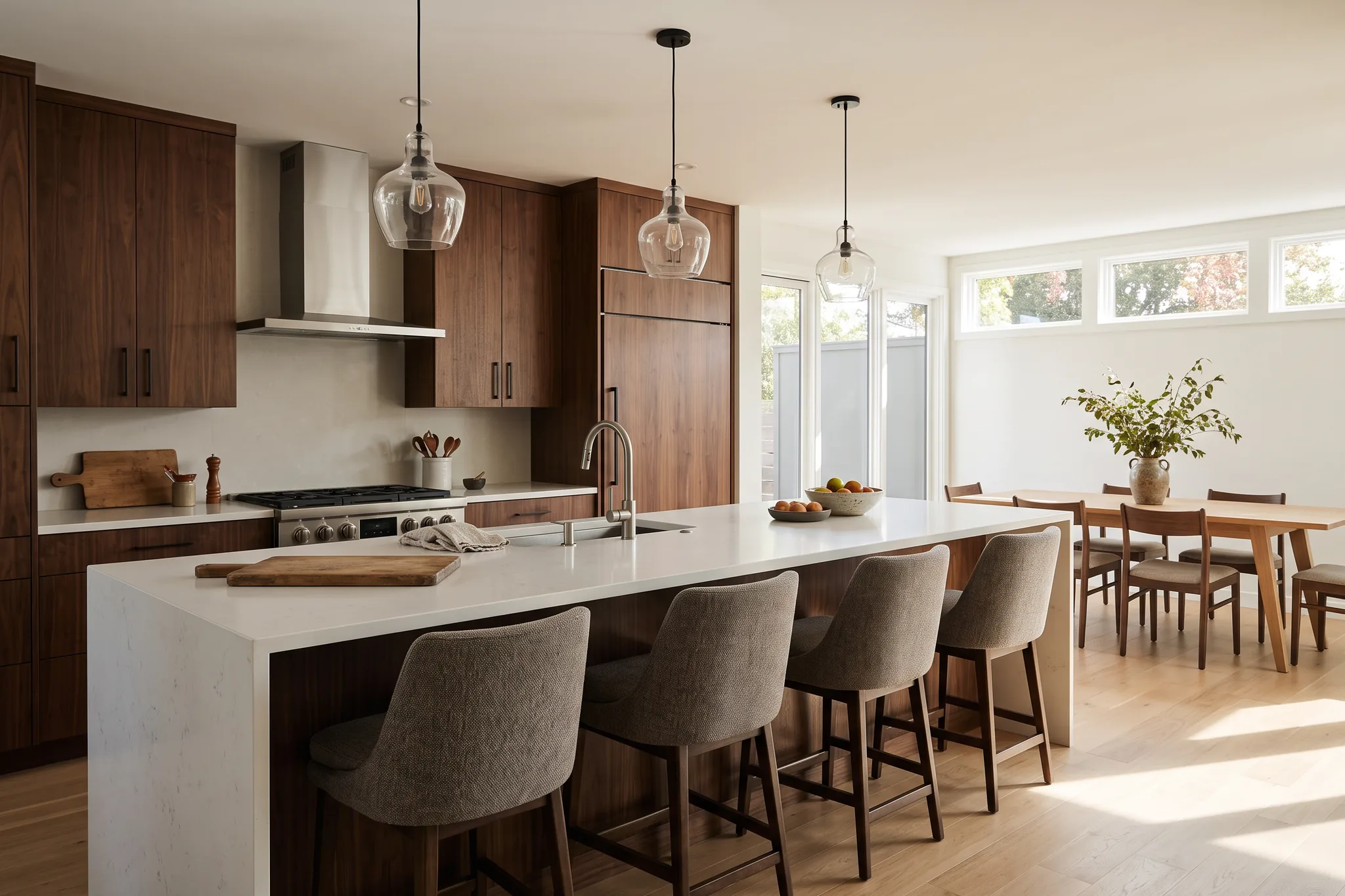Walnut contemporary kitchen with a white quartz waterfall island