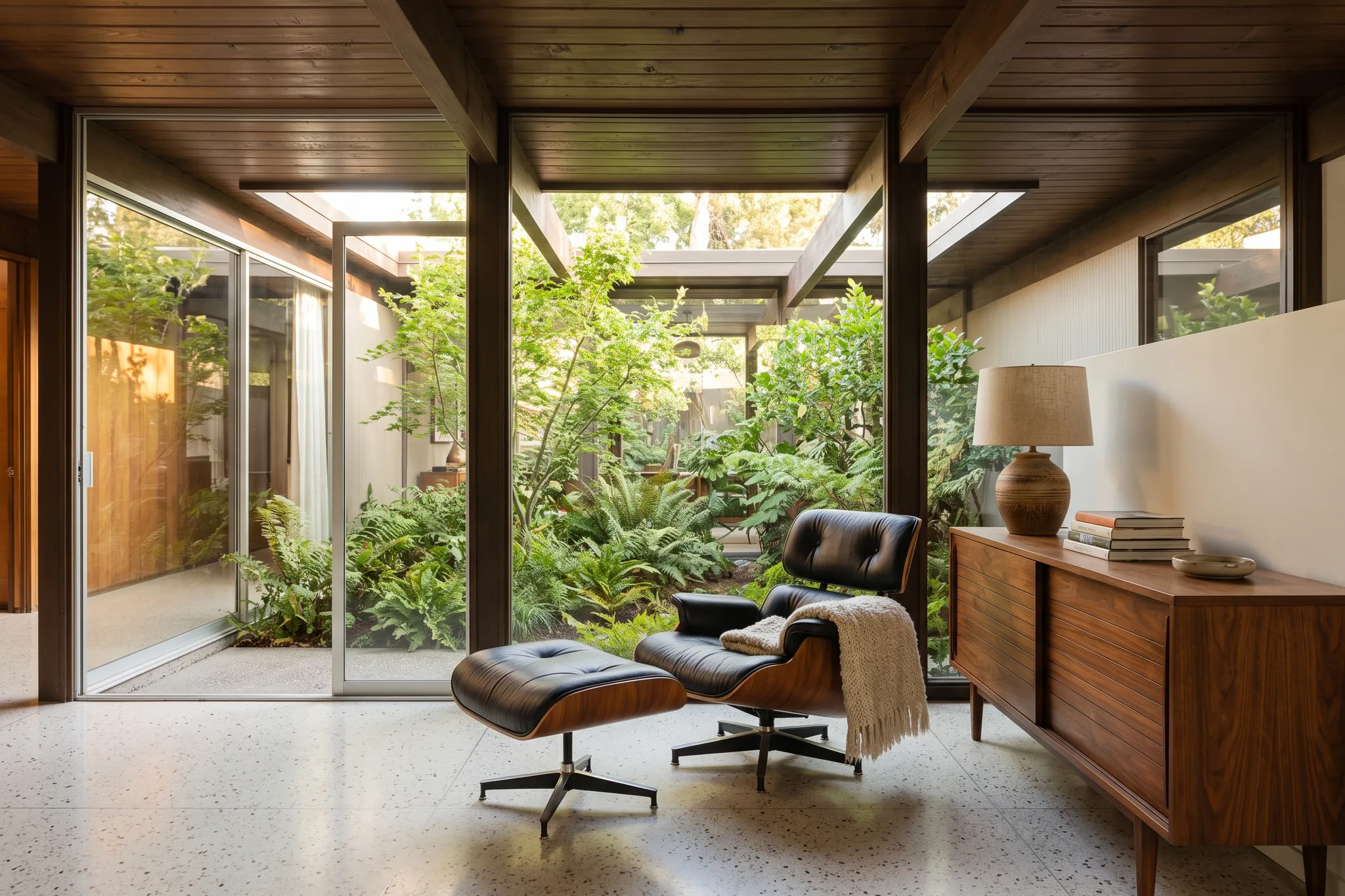 Walnut lounge chair beside a slatted walnut credenza in an Eichler home