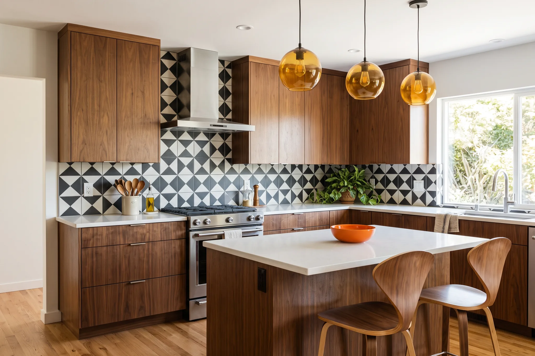 Walnut slab cabinets with a black and white geometric tile backsplash