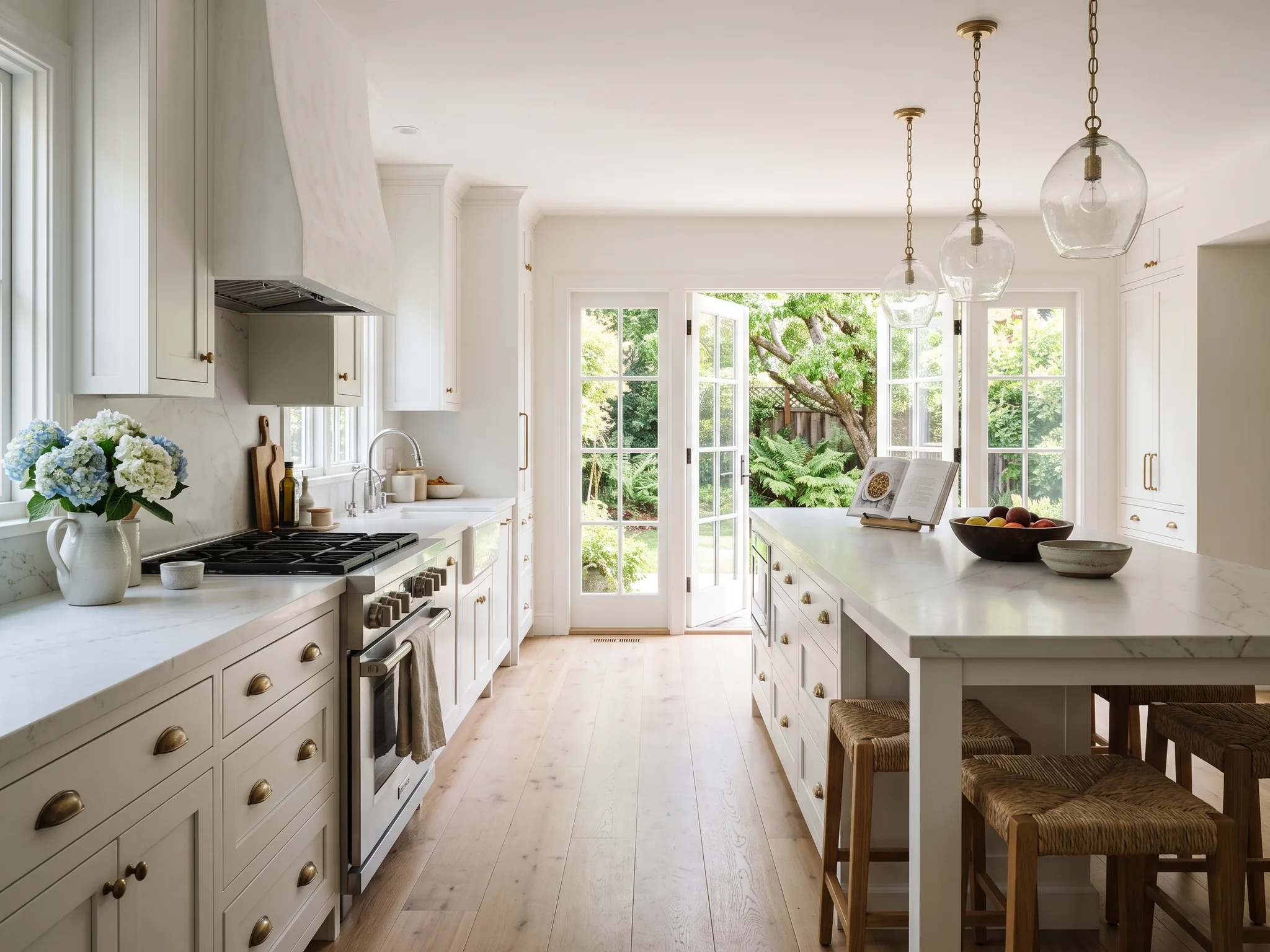 White shaker kitchen with a long quartz island and glass pendants