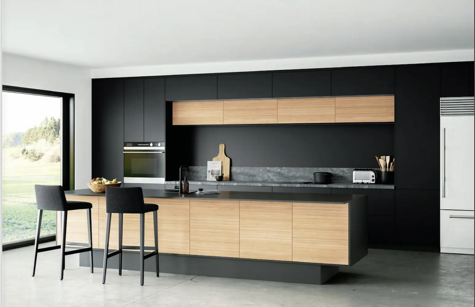 A sleek modern kitchen featuring black cabinetry, light wood accents, and a central island with minimalist bar stools