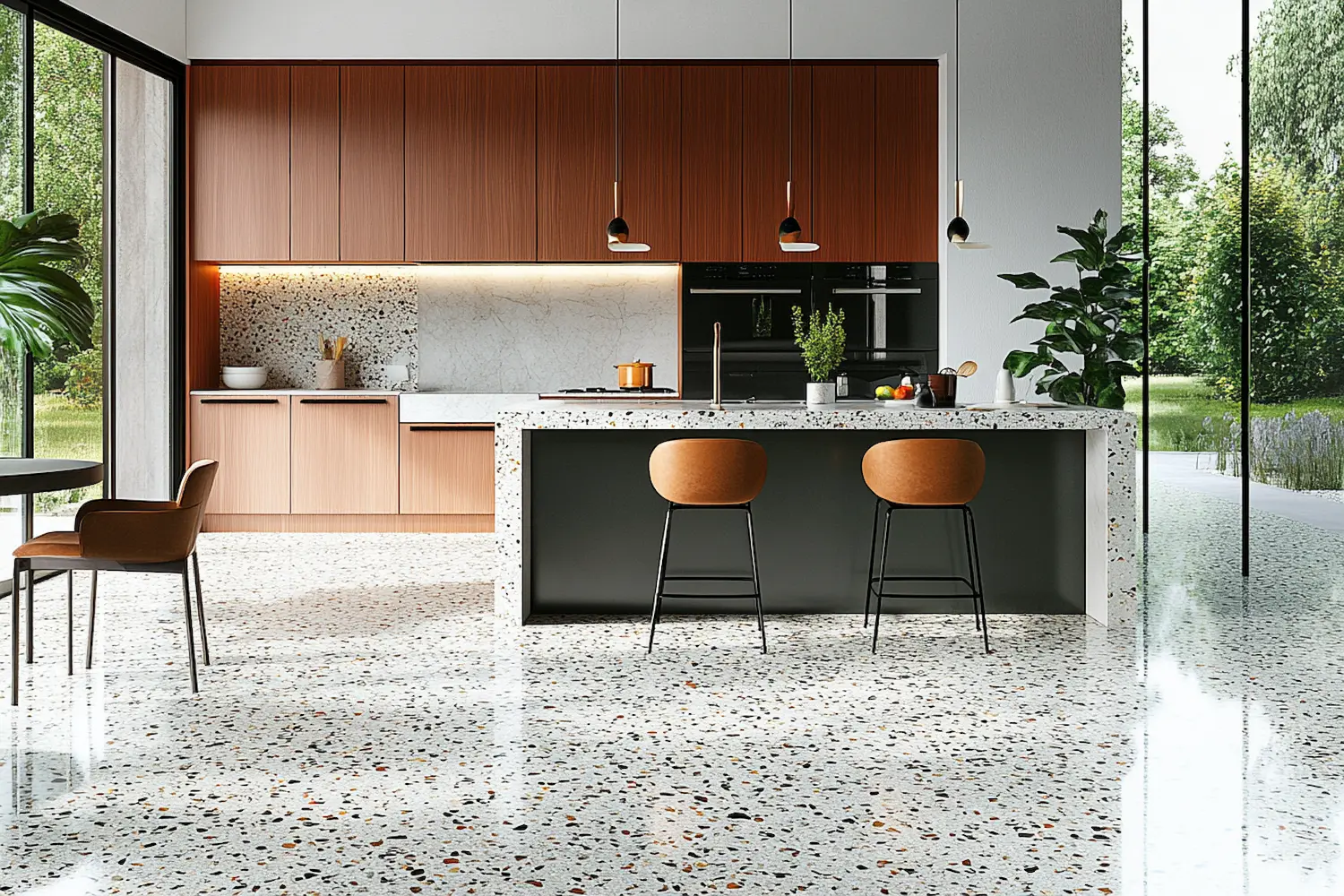 Modern kitchen with terrazzo flooring, featuring wooden cabinets, a sleek island, and floor-to-ceiling windows with outdoor views