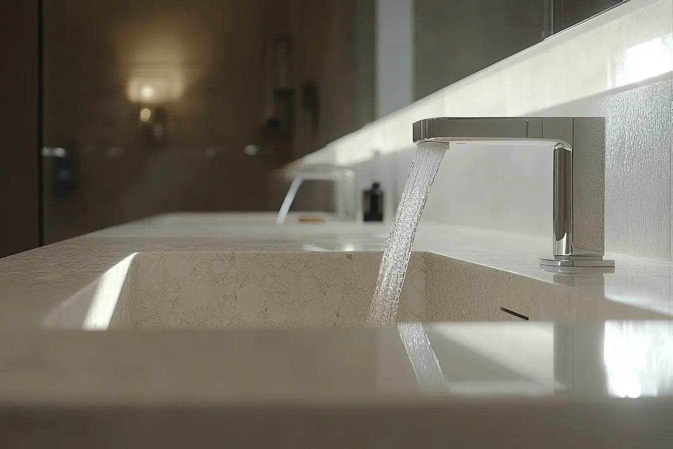 Modern bathroom sink with a sleek chrome faucet, marble countertop, and a serene ambiance highlighted by soft lighting