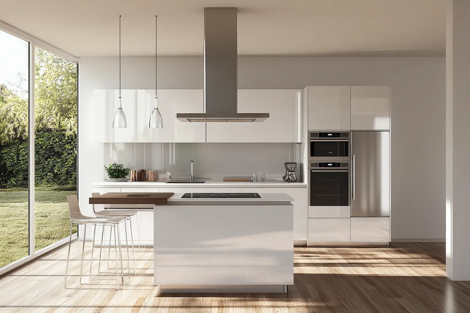 Minimalist white kitchen with clean lines, integrated appliances, and natural light from floor-to-ceiling windows
