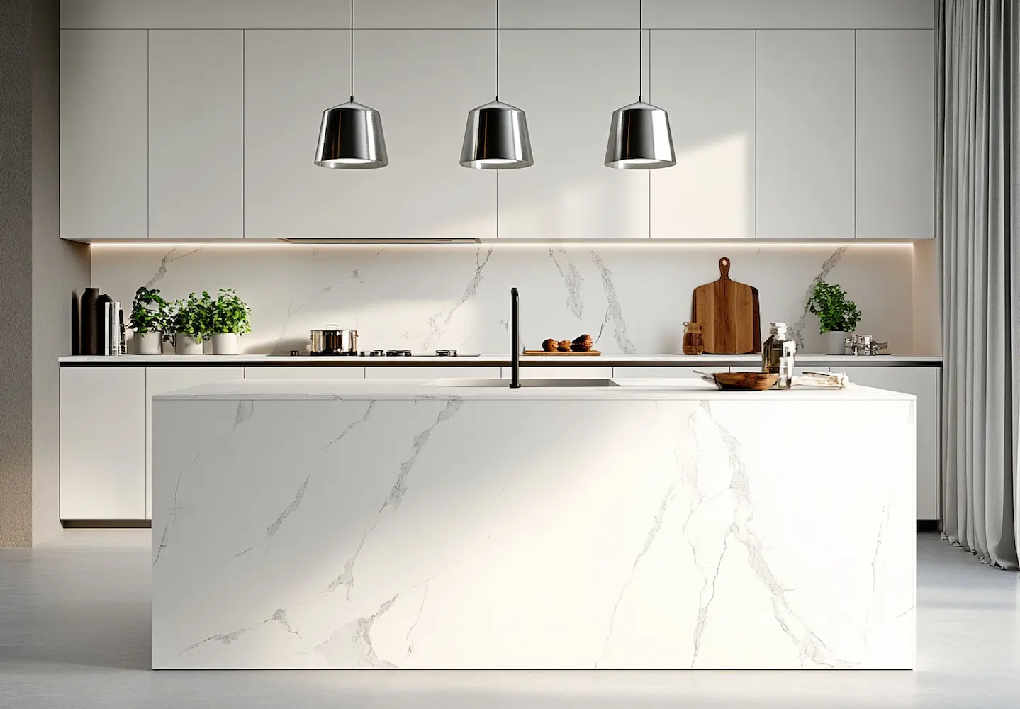 A sleek white minimalist kitchen featuring three pendant lights and marble countertops with greenery accents