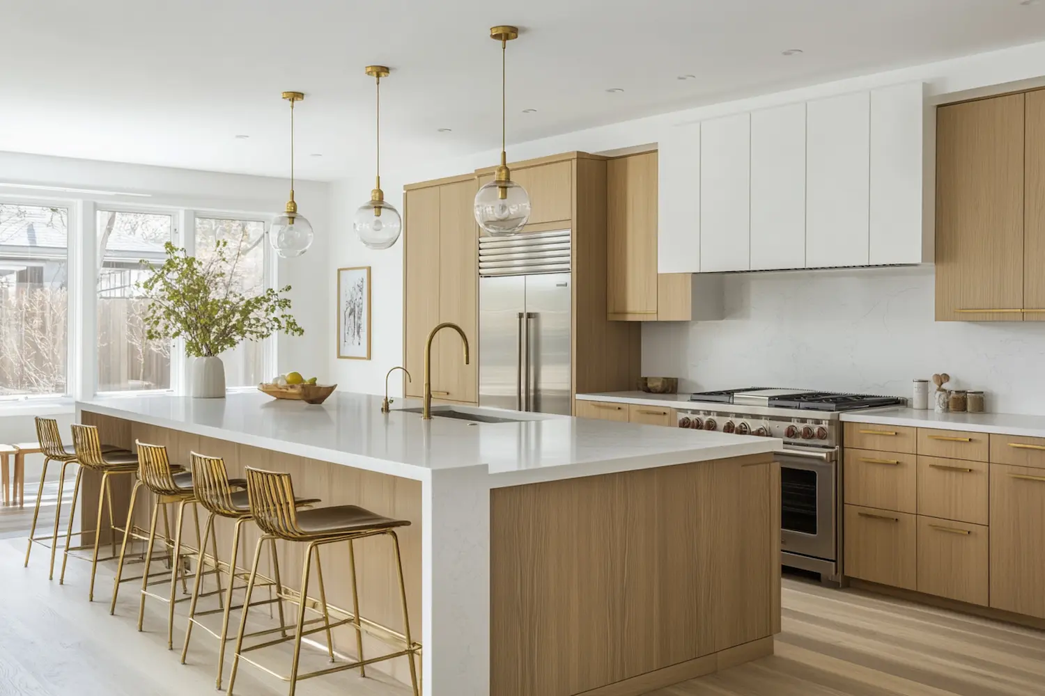 A contemporary kitchen with light wood cabinetry, gold accents, and a large island with a white countertop