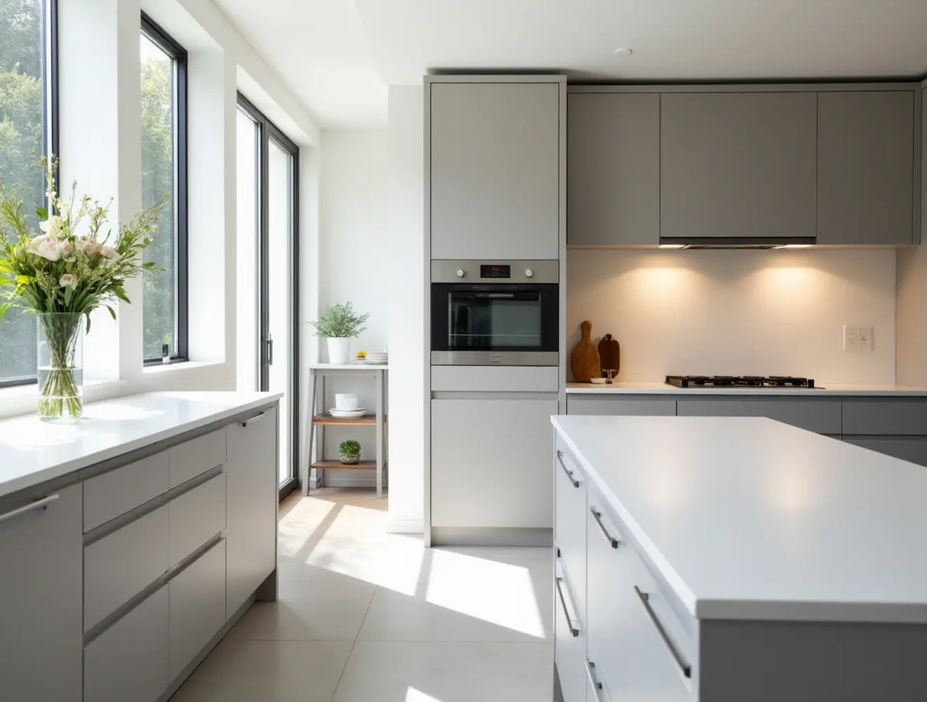 Bright minimalist kitchen featuring sleek white cabinets, integrated appliances, and ample natural light